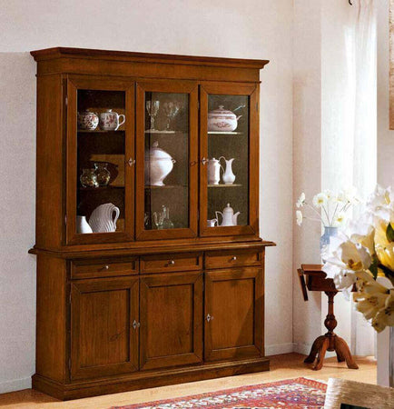 MOBILI-2G---CRISTALLIERA-3-PORTE-IN-LEGNO-NOCE-ARTE-POVERA-155x42x210