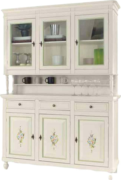 MOBILI-2G---CRISTALLIERA-3-PORTE-NAPOLETANA-LEGNO-BIANCO-SPORCO-DECORI-L.150-P.43-H.208