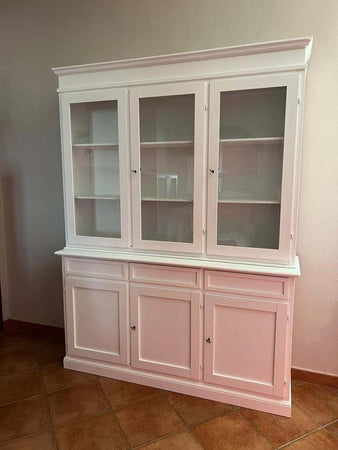 MOBILI-2G---CRISTALLIERA-ARTE-POVERA-3-PORTE-IN-LEGNO-SHABBY-BIANCO-156X42X205