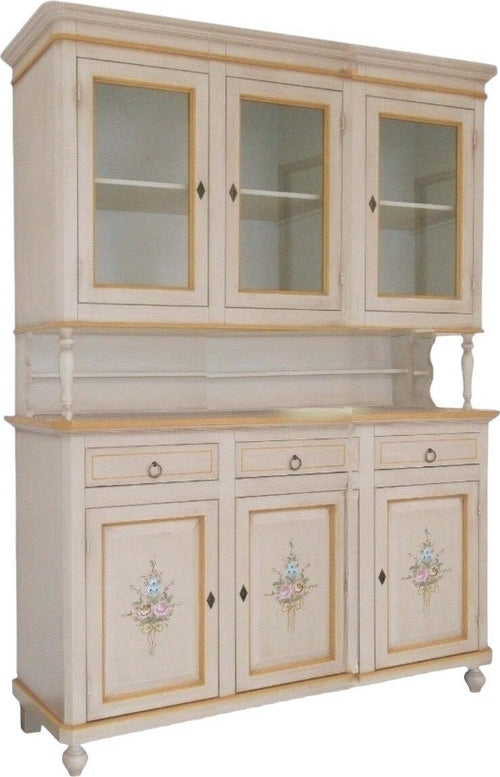 MOBILI-2G---Cristalliera-arte-povera-legno-3-porte-avorio-patinato-decori-150x43x208