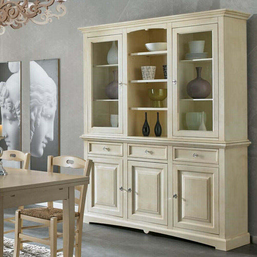 MOBILI-2G---CRISTALLIERA-CON-VETRINA-IN-LEGNO-3-ANTE-SHABBY-CHIC-AVORIO-ANTICATO-L.170-P.46-H.215
