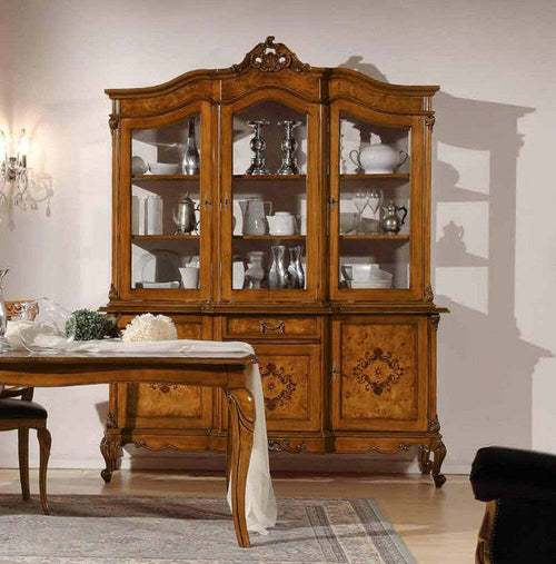 MOBILI-2G---CRISTALLIERA-IN-LEGNO-3-PORTE-1-CASSETTO-IMPERO-NOCE-BASSANO-179X61XH230