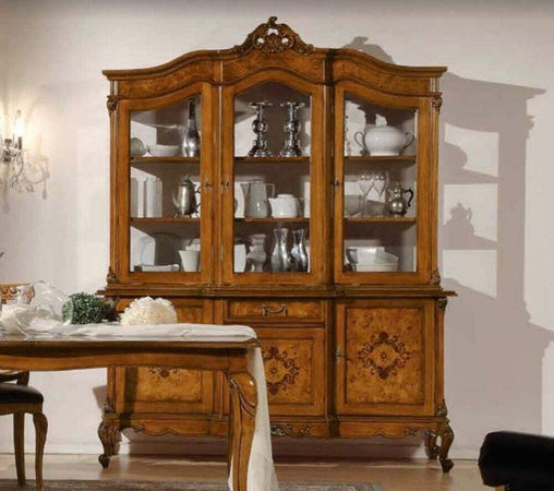 MOBILI-2G---CRISTALLIERA-IN-LEGNO-3-PORTE-1-CASSETTO-IMPERO-NOCE-BASSANO-179X61XH230