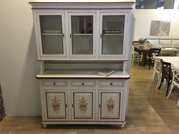 MOBILI-2G---CRISTALLIERA-NAPOLETANA-ARTE-POVERA-BIANCO-INVECCHIATO-CON-DECORI-L.150-P.43-H.208