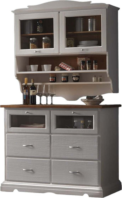 MOBILI-2G---CRISTALLIERA-SHABBY-IN-LEGNO-MASSELLO-2-ANTE-2-CASSETTI-GRIGIO/NATURALE-L.120-P.58-H.197
