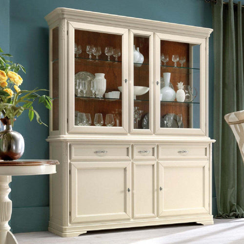 MOBILI-2G---CRISTALLIERA-SHABBY-IN-LEGNO-MASSELLO-4-ANTE-3-CASSETTI-BEIGE-OPACO-L.180-P.50-H.220