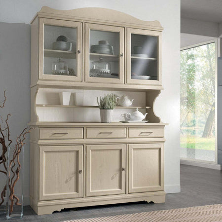 MOBILI-2G---CRISTALLIERA-SHABBY-IN-LEGNO-MASSELLO-6-ANTE-3-CASSETTI-AVORIO-OPACO-L.155-P.52-H.213