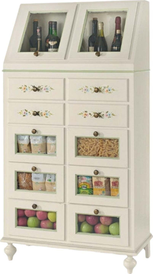 MOBILI-2G---DISPENSA-10-CASSETTI-2-ANTE-LEGNO-BIANCO-SPORCO-E-PROFILI-VERDI-80X42X153