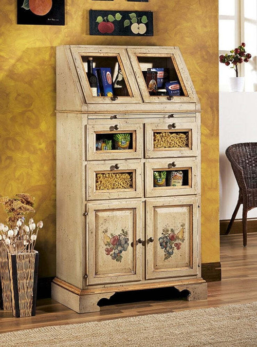 MOBILI-2G---Dispensa-shabby-2-ribalte,-2-porte-e-4-cassetti-legno-decorata-82x44x153