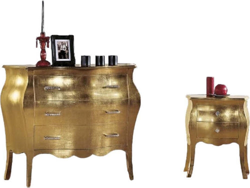MOBILI-2G---Gruppo-1-cassettiera-2-comodini-bombati-Foglia-oro-Maniglie-Swarovski