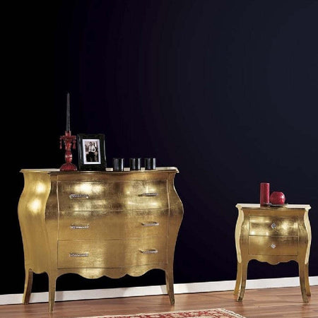MOBILI-2G---Gruppo-1-cassettiera-2-comodini-bombati-Foglia-oro-Maniglie-Swarovski