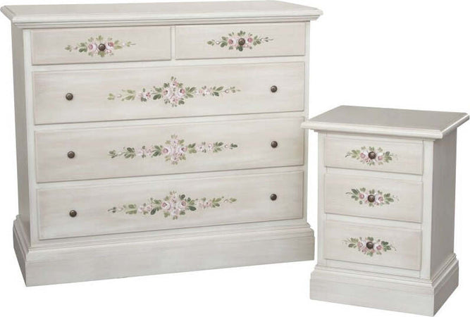 MOBILI-2G---Gruppo-1-Cassettiera-2-Comodini-Shabby-Bianco-anticato-decorato