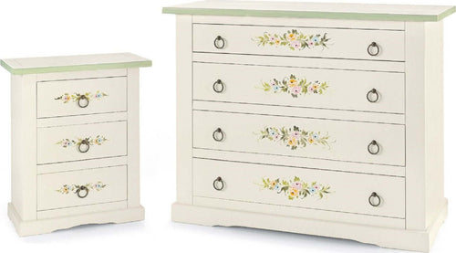 MOBILI-2G---GRUPPO-1-COMO'-2-COMODINI-IN-LEGNO-BIANCO-CON-DECORI