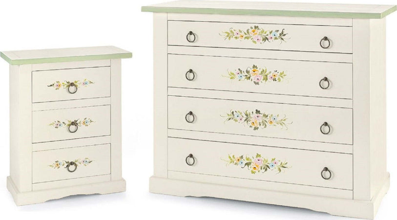 MOBILI-2G---GRUPPO-1-COMO'-2-COMODINI-IN-LEGNO-BIANCO-CON-DECORI