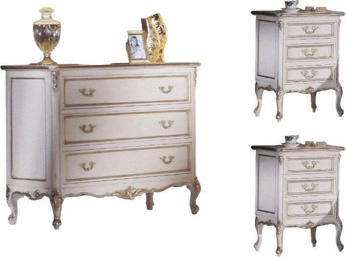 MOBILI-2G---Gruppo-Cassettiera-e-Comodini-3-cassetti-Classici-Legno-Shabby-Bianco-Argento