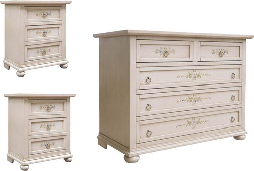 MOBILI-2G---GRUPPO-COMO'-2-COMODINI-ARTE-POVERA-LEGNO-AVORIO-PATINATO-CON-DECORI