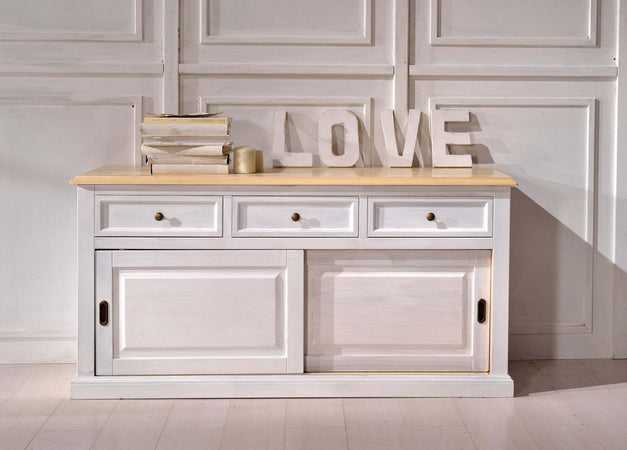 MOBILI-2G---MADIA-CREDENZA-2-ANTE-SCORREVOLI-3-CASSETTI-BICOLORE-BIANCO-L.157-P.53-H.80