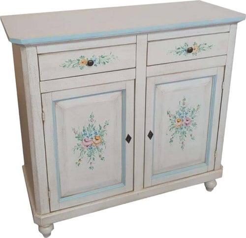MOBILI-2G---MADIA-CREDENZA-2-PORTE-BIANCO-INVECCHIATO-DECORI-AZZURRO-104x43x98