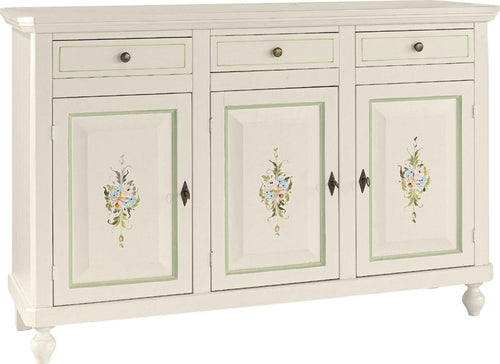 MOBILI-2G---MADIA-CREDENZA-3-ANTE-NAPOLETANA-BIANCO-CON-DECORI-E-PROFILI-VERDI-L.150-P.43-H.98