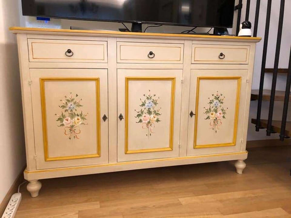 MOBILI-2G---MADIA-CREDENZA-3-PORTE-AVORIO-PATINATO-CON-DECORI-L.150-P.43-H.98