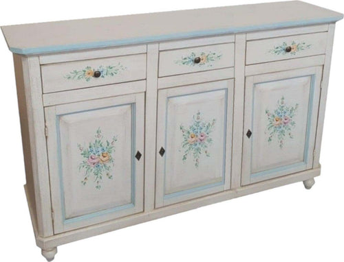 MOBILI-2G---Madia-credenza-3-porte-legno-bianco-invecchiato-decori-azzurri-150x43x98