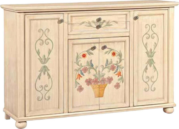 MOBILI-2G---MADIA-CREDENZA-IN-LEGNO-4-PORTE-AVORIO-PENNELLATO-E-DECORI-L.159-P.49-H.107