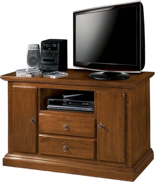 MOBILI-2G---Porta-televisore-in-legno-2-cassetti-2-porte-con-vano-a-giorno-arte-povera-tinta-noce-L.110-x-P.45-H.68
