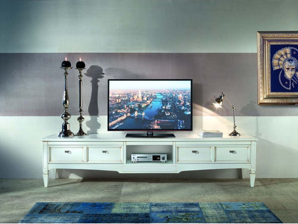 MOBILI-2G---PORTA-TV-2-CASSETTI-CLASSICO-LEGNO-SHABBY-BIANCO-220X50x51