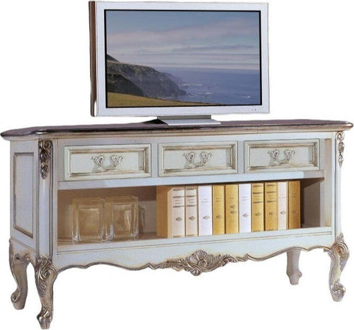 MOBILI-2G---Porta-tv-classico-3-cassetti-legno-shabby-bianco-argento-164x51x56