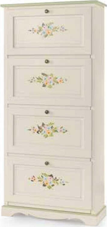 MOBILI-2G---SCARPIERA-4-ANTE-LACCATO-BIANCO-CON-DECORAZIONI-E-PROFILI-VERDI-MISURE-L.79-P.30-H.170