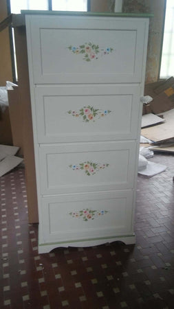 MOBILI-2G---SCARPIERA-4-ANTE-LACCATO-BIANCO-CON-DECORAZIONI-E-PROFILI-VERDI-MISURE-L.79-P.30-H.170