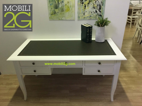 MOBILI-2G---SCRIVANIA-ARTE-POVERA-LEGNO-BIANCO-INSERTO-ECOPELLE-130X65x81