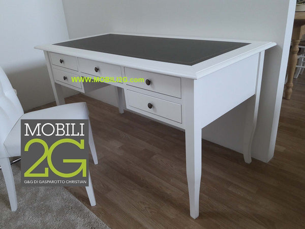 MOBILI-2G---SCRIVANIA-ARTE-POVERA-LEGNO-BIANCO-INSERTO-ECOPELLE-130X65x81