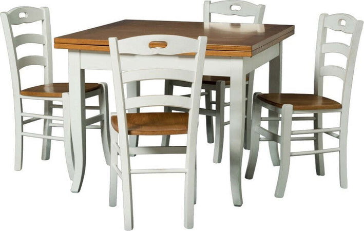 MOBILI-2G---Set-tavolo-legno-100x100-allungabile-bicolore-+-4-sedie-legno-seduta-legno-bicolore