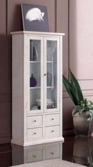 MOBILI-2G---Vetrina-2-ante-4-cassetti-in-Legno-shabby-bianco-90X40X160