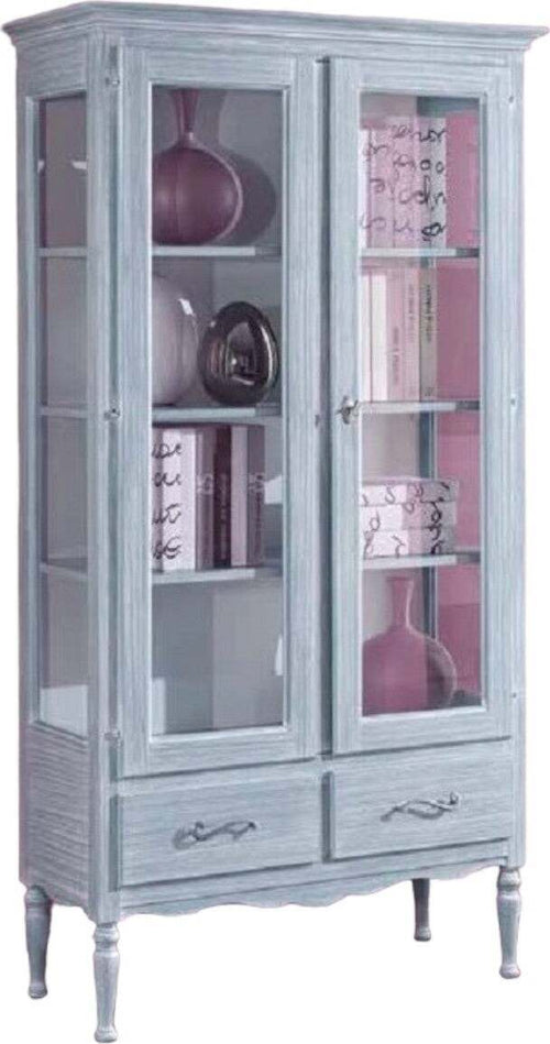 MOBILI-2G---VETRINA-2-PORTE-2-CASSETTI-IN-LEGNO-SHABBY-AZZURRO-L.102-P.42-H.191