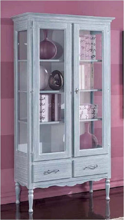 MOBILI-2G---VETRINA-2-PORTE-2-CASSETTI-IN-LEGNO-SHABBY-AZZURRO-L.102-P.42-H.191