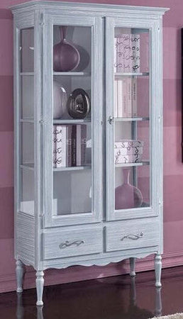 MOBILI-2G---VETRINA-2-PORTE-2-CASSETTI-IN-LEGNO-SHABBY-AZZURRO-L.102-P.42-H.191