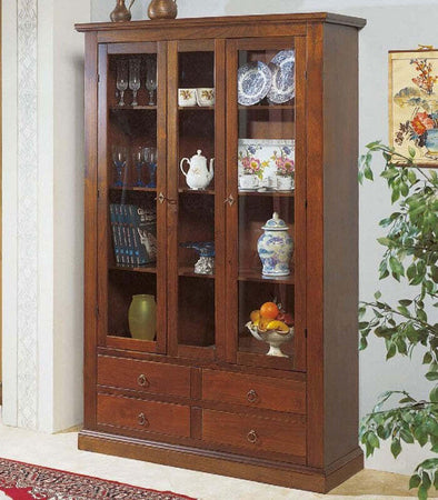MOBILI-2G---VETRINA-2-PORTE-4-CASSETTI-ARTE-POVERA-LEGNO-TINTA-NOCE-119X40X185