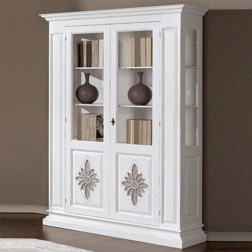 MOBILI-2G---VETRINA-2-PORTE-IN-LEGNO-INTAGLIATA-SHABBY-BIANCO-L.155-x-P.48-H.215
