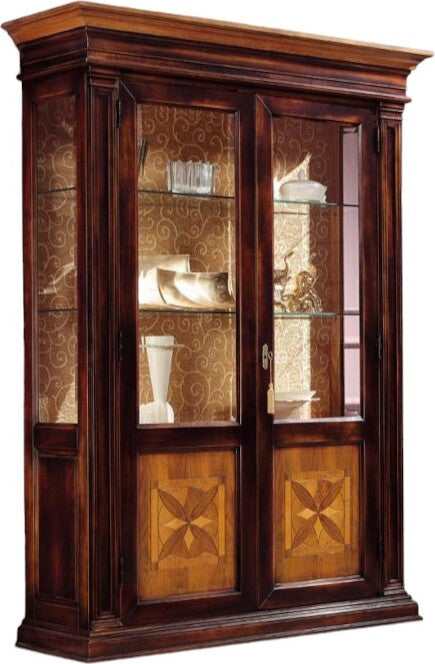 MOBILI-2G---Vetrina-2-porte-intarsio-quadrifoglio-legno-shabby-bicolore-152X55x214
