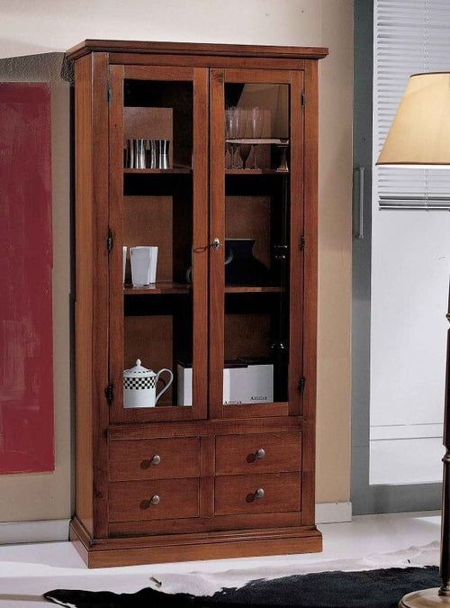 MOBILI-2G---Vetrina-classica-2-ante-4-cassetti-in-Legno-tinta-noce-90X40X160