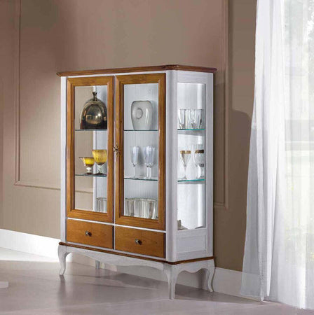 MOBILI-2G---VETRINA-CLASSICA-PROVENZALE-IN-LEGNO-2-PORTE-2-CASSETTI-L.111-P.44-H.140