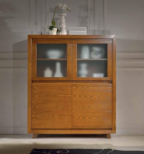 MOBILI-2G---VETRINA-IN-FRASSINO-CHIARO-PORO-APERTO-SEMILUCIDO-4-PORTE-CON-PIEDE-TORNITO-L.128-P.45-H.150,5