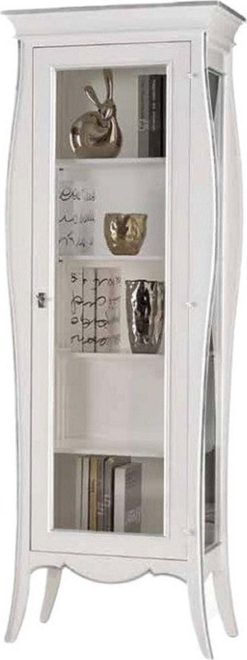 MOBILI-2G---VETRINA-IN-LEGNO-1-PORTA-SHABBY-BIANCO-PROFILI-FOGLIA-ARGENTO-L.71-P.48-H.206