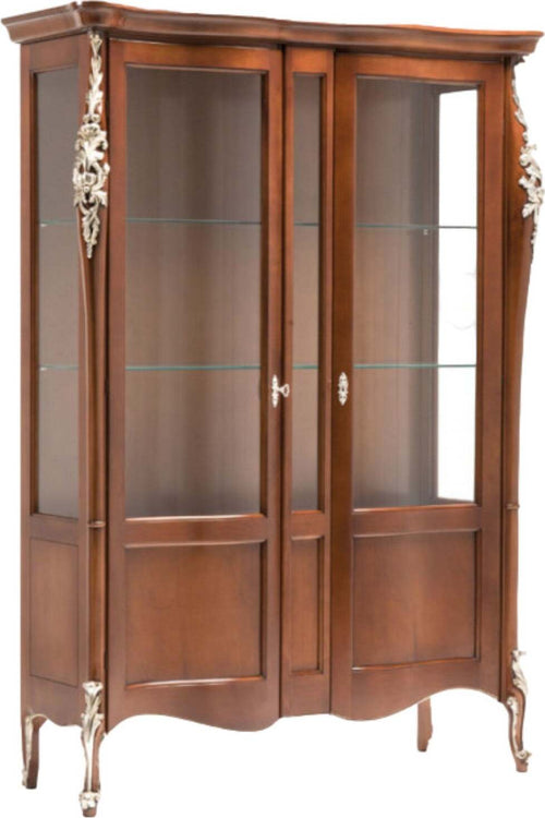MOBILI-2G---VETRINA-SAGOMATA-CLASSICA-2-PORTE-IN-LEGNO-MASSELLO-TINTA-NOCE-L.145-P.50-H.203