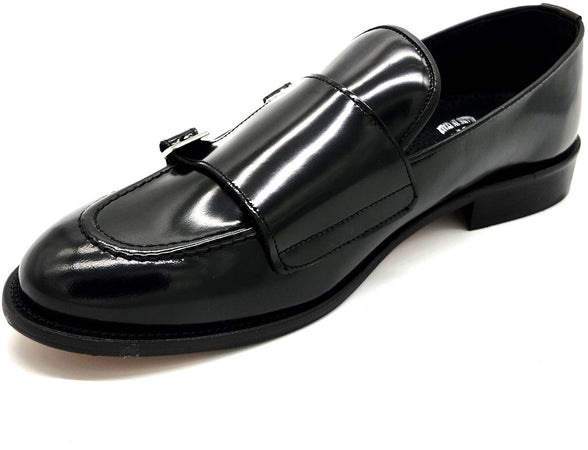 Mocassino da Uomo Doppia fibbia elegante in pelle nera lucida abrasivata Auro York