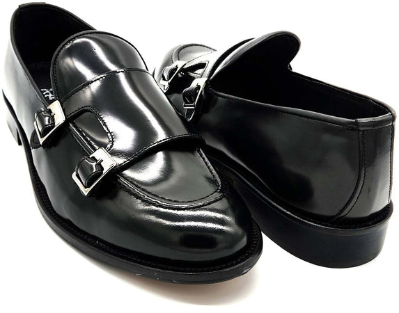 Mocassino da Uomo Doppia fibbia elegante in pelle nera lucida abrasivata Auro York