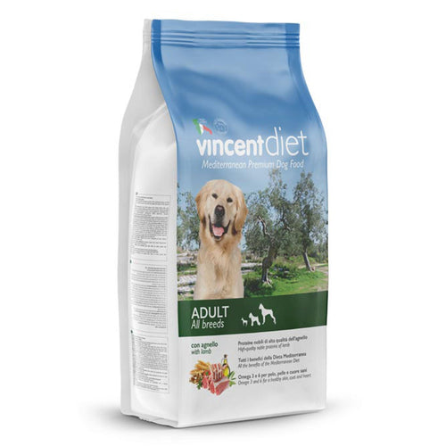 Crocchette Vincent per cani Diet Agnello 15 kg, per cani a pelo lungo, a base di carne, cereali e legumi.