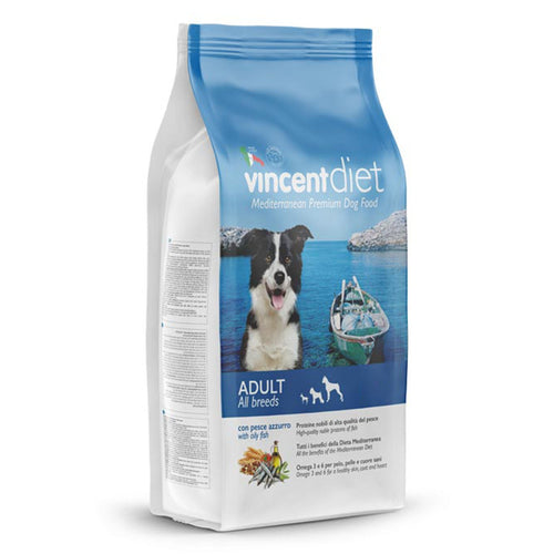 Crocchette Vincent per cani Diet con Pesce Azzurro 15 kg a base di pesce, cereali e legumi.